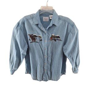 Northern Treasures Women's Button Up  Moose Mountains Emboardary Blue Size S